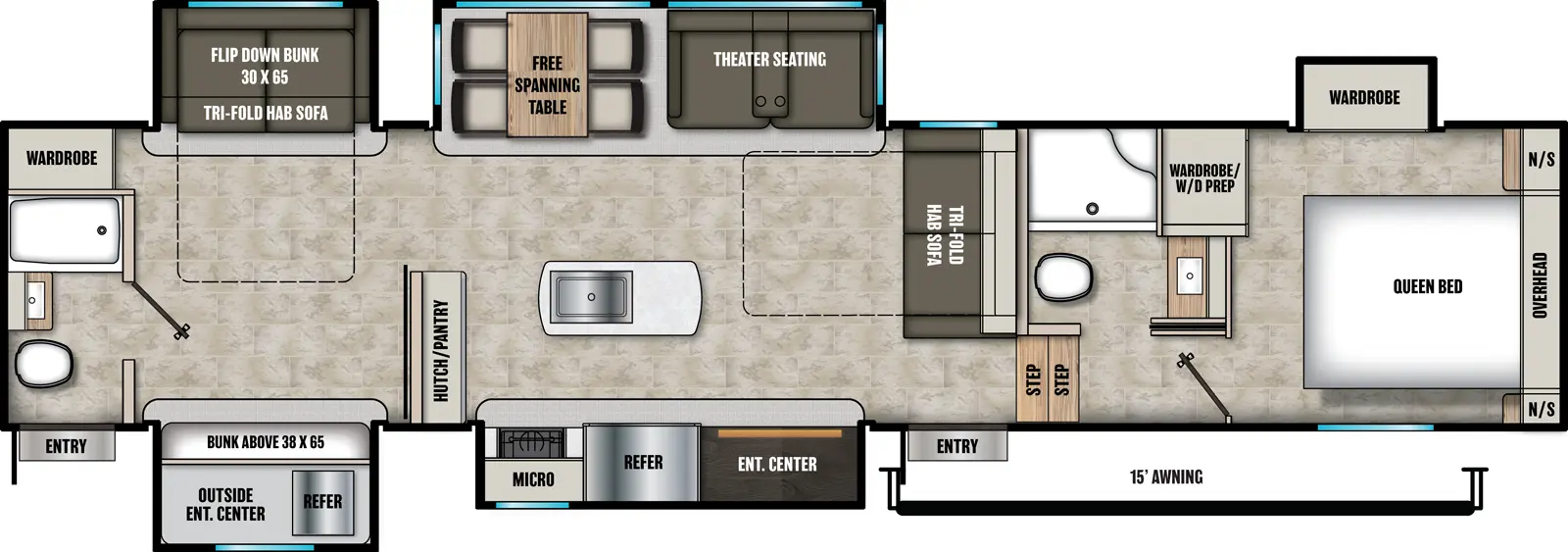 The Phoenix 367BH floorplan has two entries and five slide outs. Exterior features include: fiberglass exterior, 15' awning,  outside entertainment and outside kitchen. Interiors features include: bunk beds, kitchen island, free-standing dinette option, front bedroom, rear bathroom and two full bathrooms.